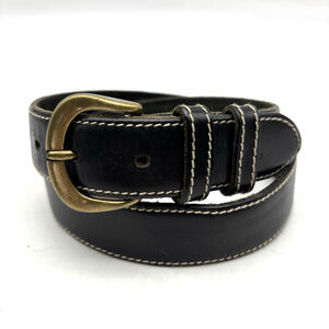 Vintage 90s Giordano Black Genuine Leather Brass Buckle Waist Belt 28